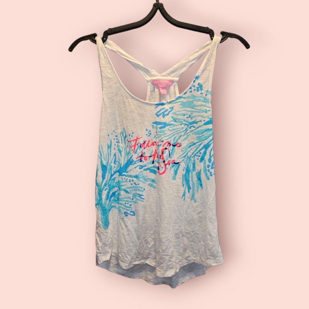 Lilly Pulitzer Cordelia Top Follow Me To The Sea Graphic Tank White Tropical
